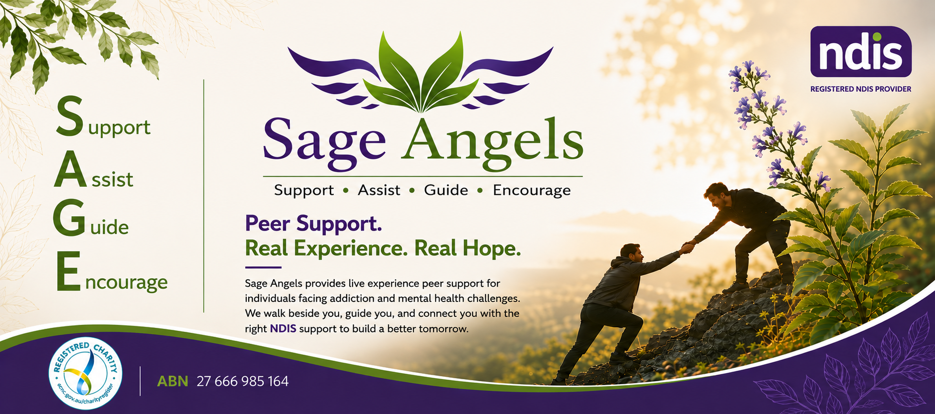 Sage Angels banner: Peer Support, Real Experience, Real Hope, with NDIS and Registered Charity badges